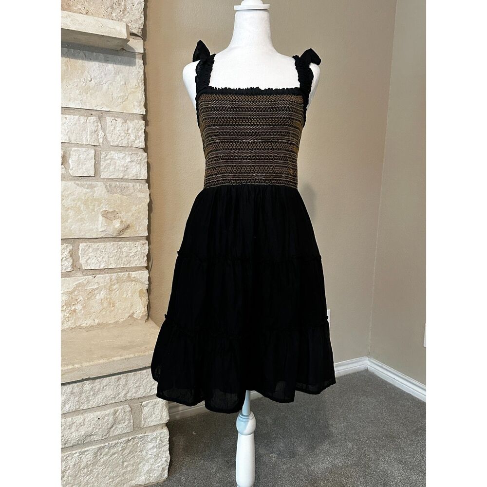 J.Crew Re-Imagined Black Gold Cream Smocked Tiered Cotton Dress XS